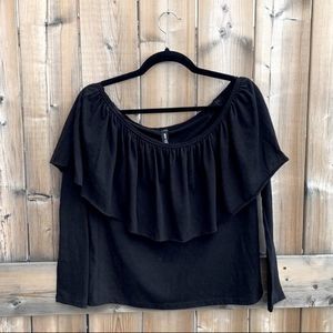 NWT Design Lab Black Off Shoulder Ruffle Neck Top